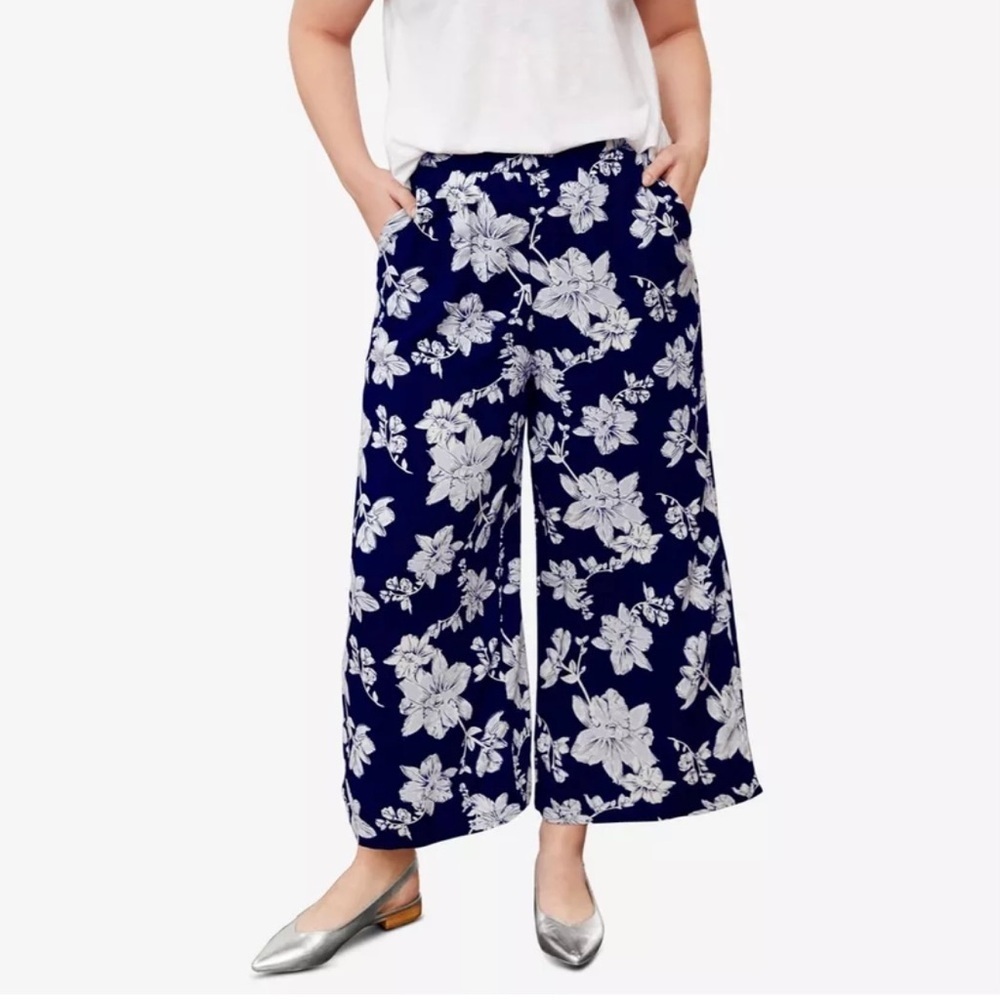 Ellos Size 2X Womens Pull On Palazzo Pants Floral Wide Leg Crop Blue Stretch